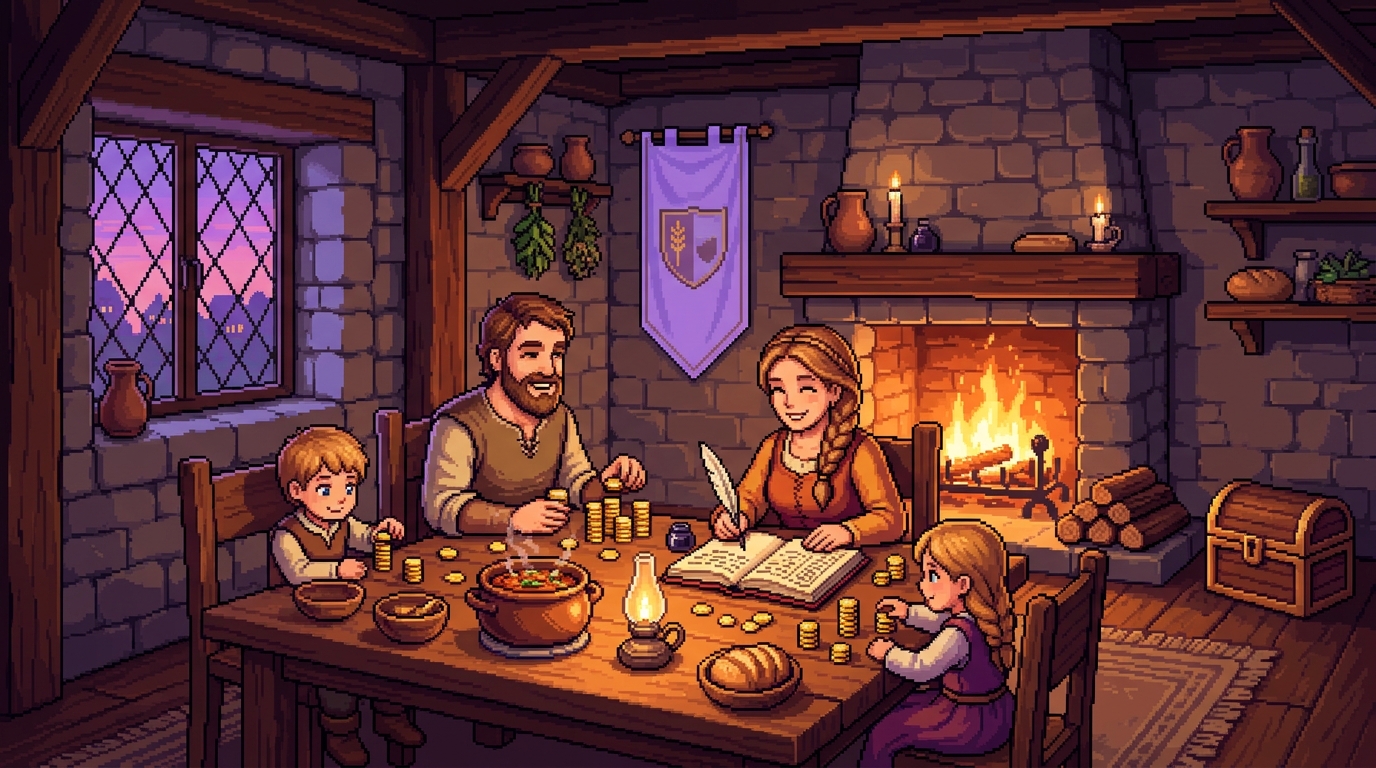 Família em pixel-art reunida ao redor da mesa numa cabana iluminada